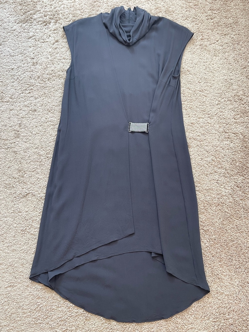 Brunello Cucinelli Draped Silk Mockneck Gray Cap Sleeve Monili Tunic Mini Dress - Picture 14 of 16